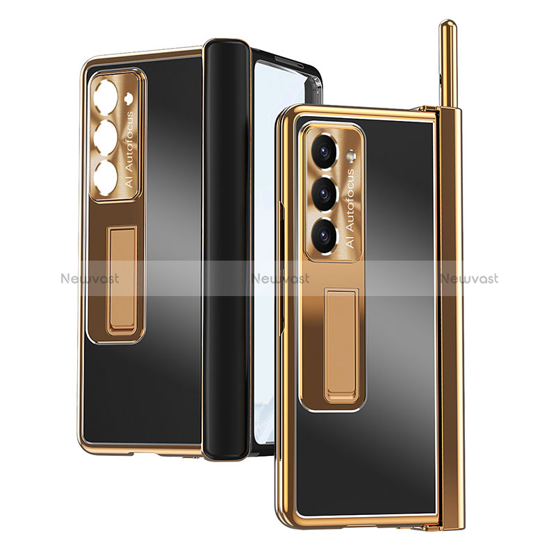 Hard Rigid Plastic Matte Finish Case Back Cover with Stand ZL9 for Samsung Galaxy Z Fold5 5G Gold and Black