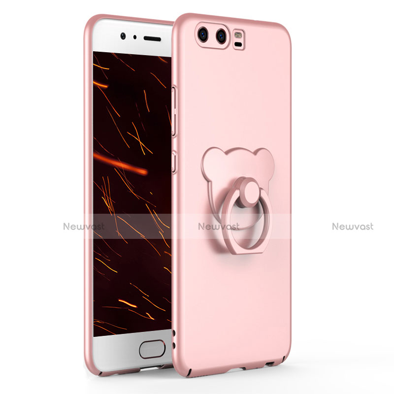 Hard Rigid Plastic Matte Finish Case Cover with Finger Ring Stand A01 for Huawei P10 Rose Gold