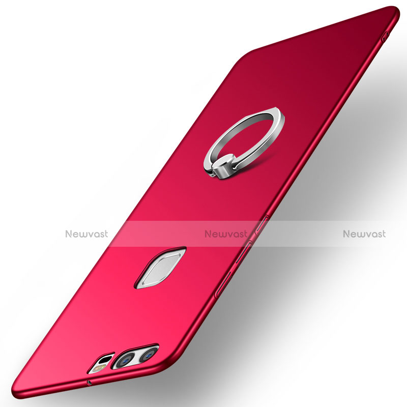 Hard Rigid Plastic Matte Finish Case Cover with Finger Ring Stand A01 for Huawei P9 Plus Red