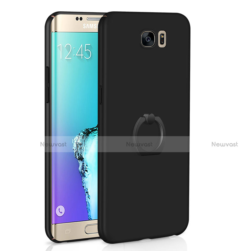 Hard Rigid Plastic Matte Finish Case Cover with Finger Ring Stand A01 for Samsung Galaxy S6 Edge SM-G925 Black