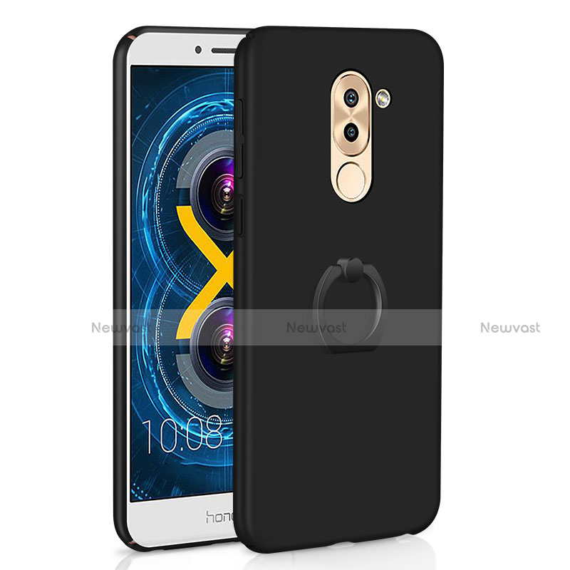 Hard Rigid Plastic Matte Finish Case Cover with Finger Ring Stand A02 for Huawei Honor 6X Pro Black