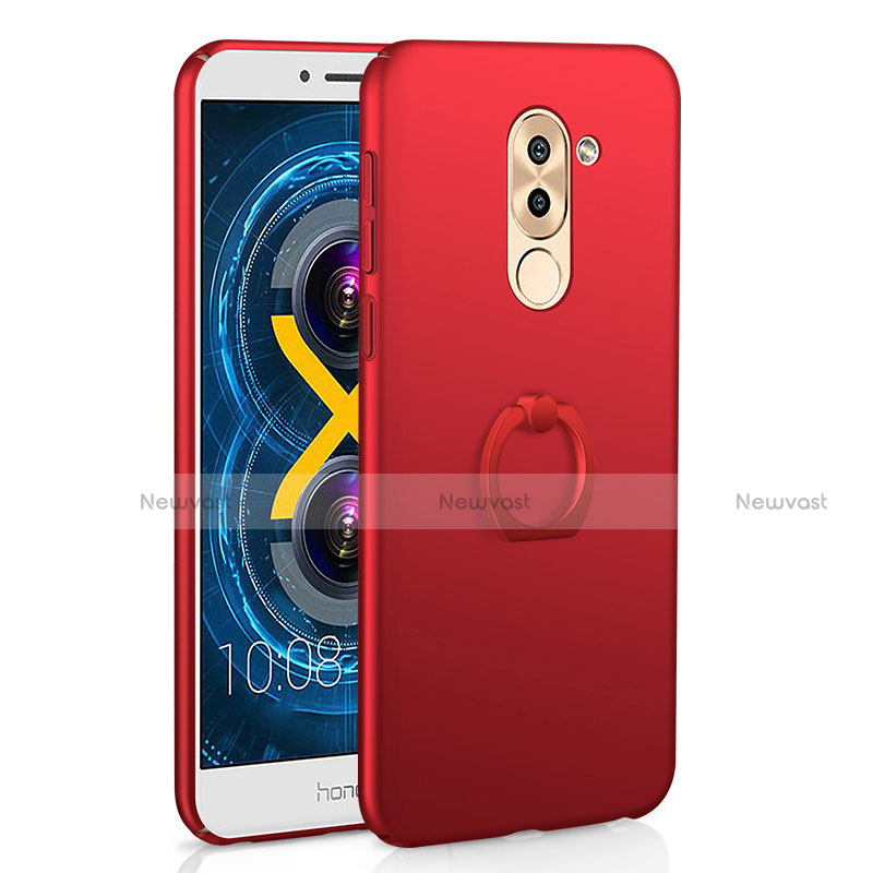 Hard Rigid Plastic Matte Finish Case Cover with Finger Ring Stand A02 for Huawei Honor 6X Pro Red