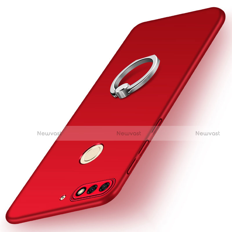 Hard Rigid Plastic Matte Finish Case Cover with Finger Ring Stand A02 for Huawei Honor 7C Red