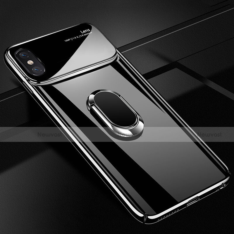 Hard Rigid Plastic Matte Finish Case Cover with Magnetic Finger Ring Stand A01 for Apple iPhone Xs Black