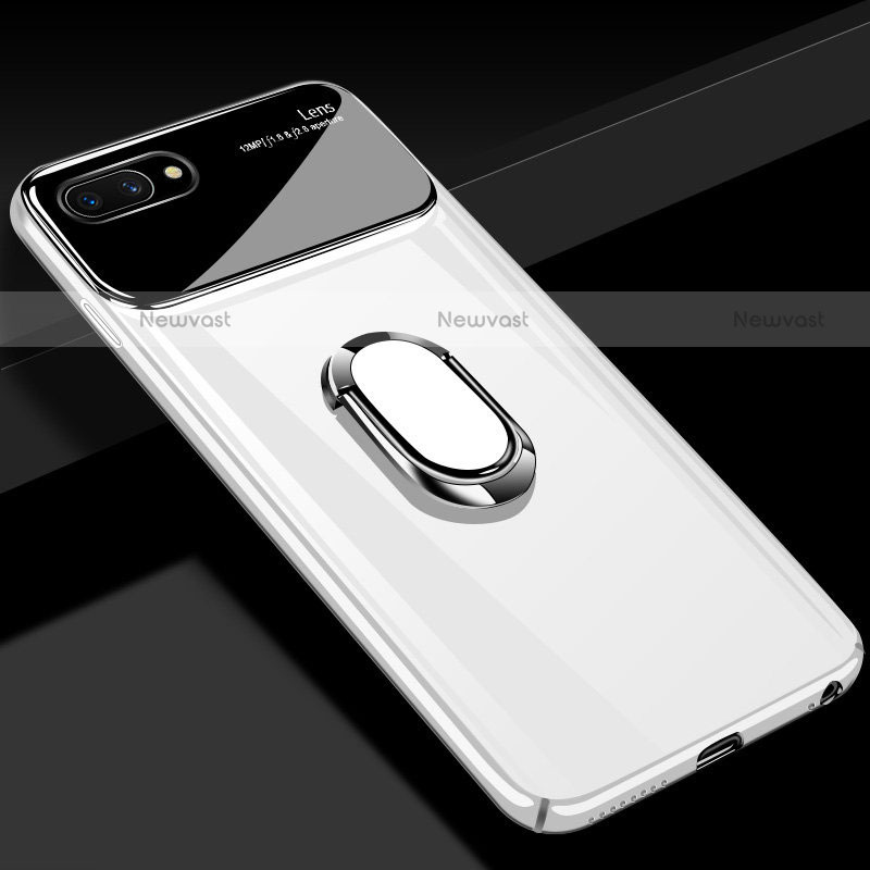 Hard Rigid Plastic Matte Finish Case Cover with Magnetic Finger Ring Stand A01 for Oppo A5 White