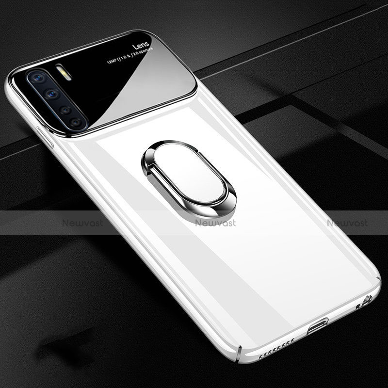 Hard Rigid Plastic Matte Finish Case Cover with Magnetic Finger Ring Stand A01 for Oppo A91 White