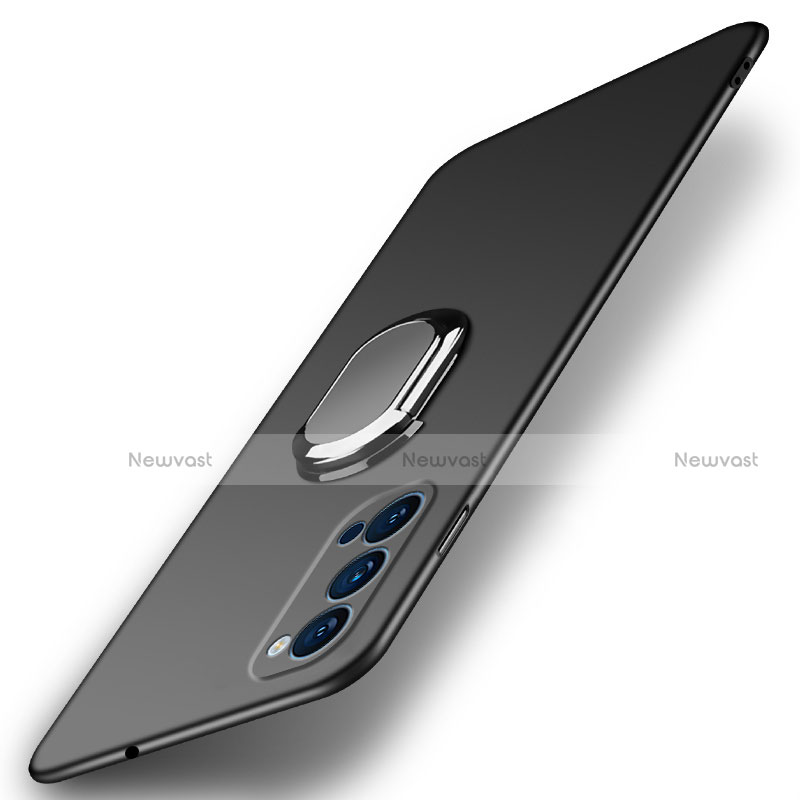 Hard Rigid Plastic Matte Finish Case Cover with Magnetic Finger Ring Stand A01 for Oppo Reno4 Pro 5G Black