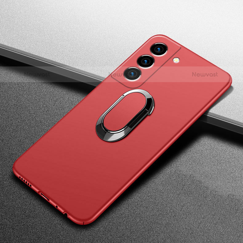 Hard Rigid Plastic Matte Finish Case Cover with Magnetic Finger Ring Stand A01 for Samsung Galaxy S21 FE 5G Red