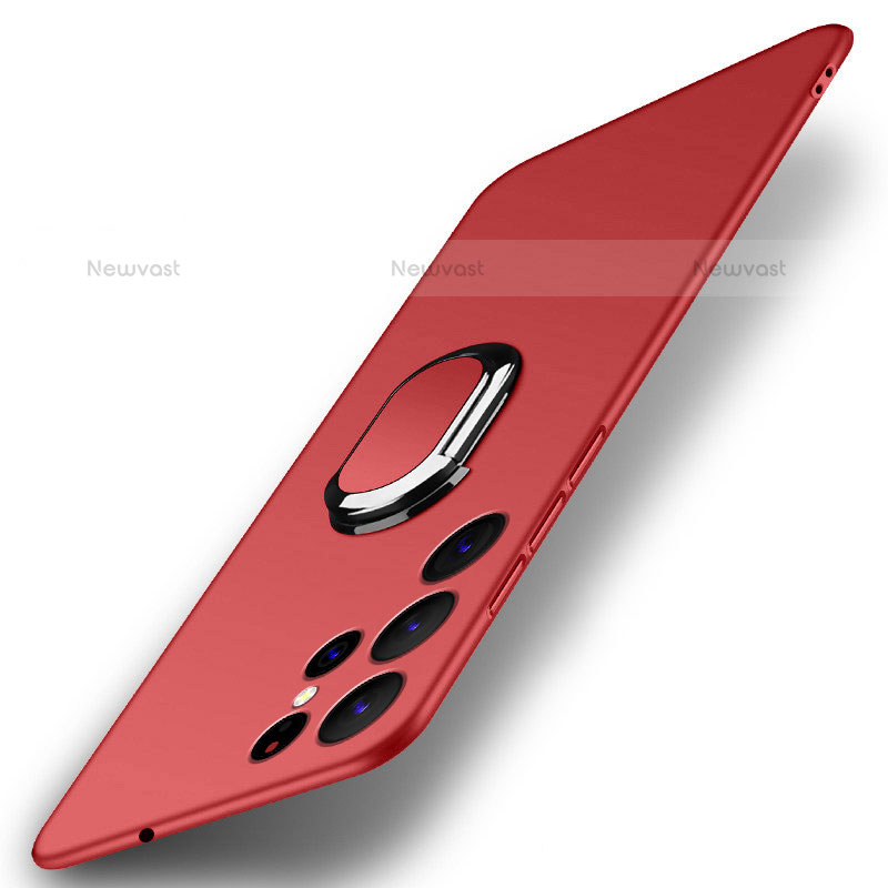 Hard Rigid Plastic Matte Finish Case Cover with Magnetic Finger Ring Stand A01 for Samsung Galaxy S22 Ultra 5G Red