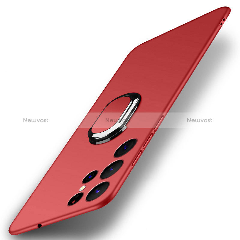 Hard Rigid Plastic Matte Finish Case Cover with Magnetic Finger Ring Stand A01 for Samsung Galaxy S25 Ultra 5G Red