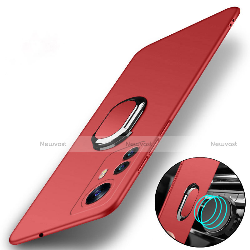 Hard Rigid Plastic Matte Finish Case Cover with Magnetic Finger Ring Stand A01 for Xiaomi Mi 12 5G Red