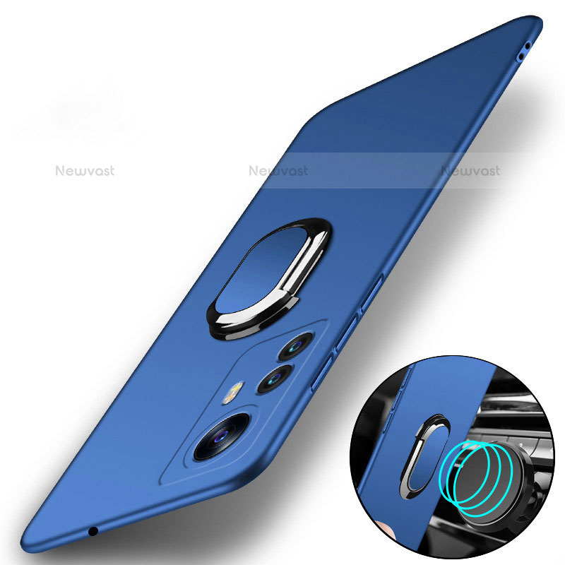 Hard Rigid Plastic Matte Finish Case Cover with Magnetic Finger Ring Stand A01 for Xiaomi Mi 12S 5G Blue