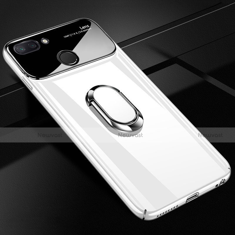 Hard Rigid Plastic Matte Finish Case Cover with Magnetic Finger Ring Stand A01 for Xiaomi Mi 8 Lite White