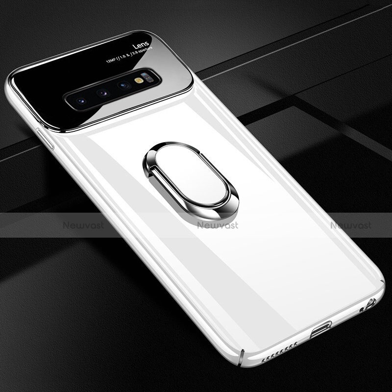 Hard Rigid Plastic Matte Finish Case Cover with Magnetic Finger Ring Stand A02 for Samsung Galaxy S10 White