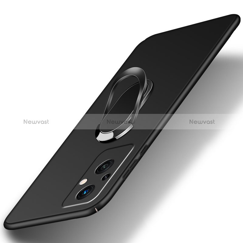 Hard Rigid Plastic Matte Finish Case Cover with Magnetic Finger Ring Stand for Oppo A96 5G Black