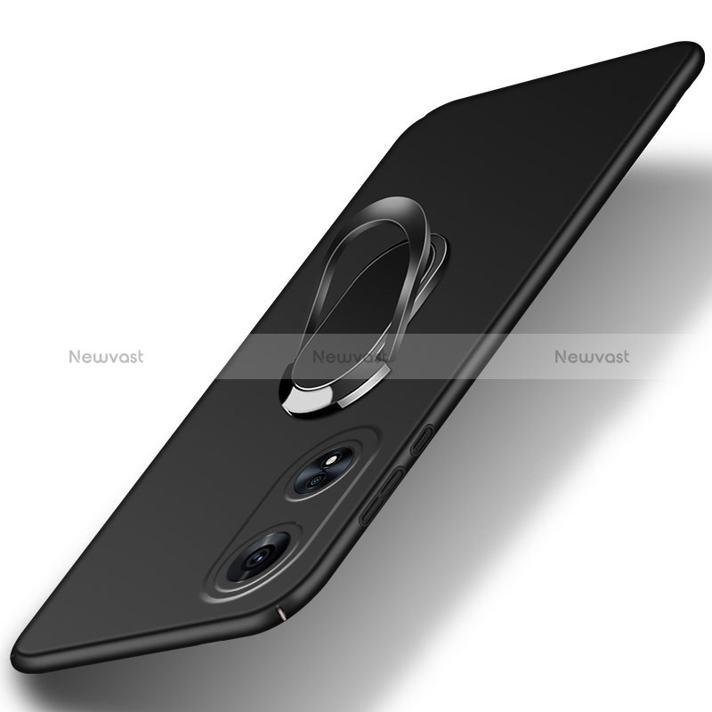 Hard Rigid Plastic Matte Finish Case Cover with Magnetic Finger Ring Stand for Oppo A98 5G Black