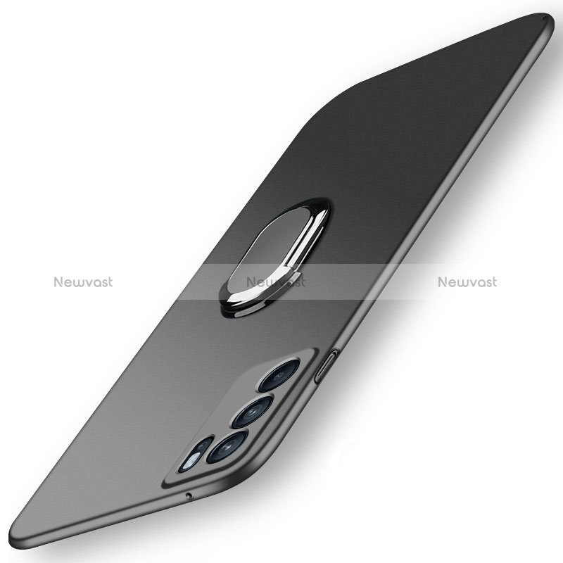 Hard Rigid Plastic Matte Finish Case Cover with Magnetic Finger Ring Stand for Oppo Reno6 Pro 5G India Black