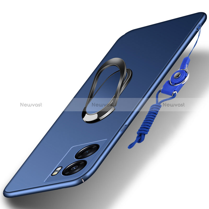 Hard Rigid Plastic Matte Finish Case Cover with Magnetic Finger Ring Stand for Oppo Reno7 SE 5G Blue