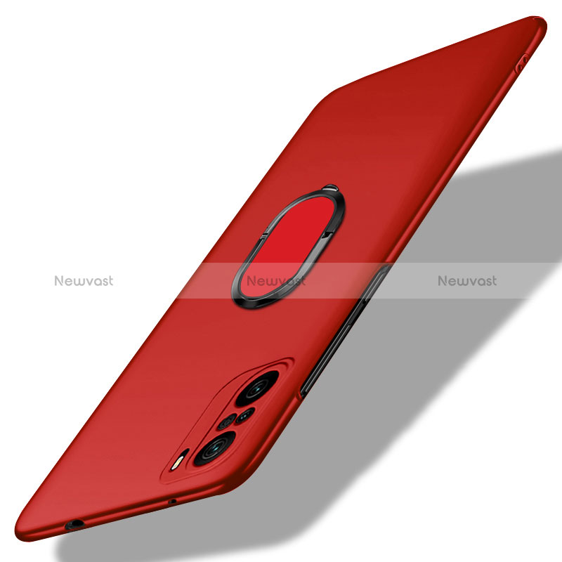 Hard Rigid Plastic Matte Finish Case Cover with Magnetic Finger Ring Stand for Xiaomi Poco F3 5G Red