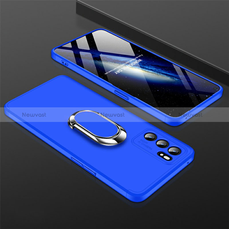 Hard Rigid Plastic Matte Finish Case Cover with Magnetic Finger Ring Stand GK1 for Oppo Reno6 5G Blue