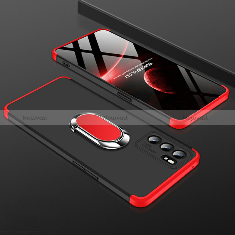 Hard Rigid Plastic Matte Finish Case Cover with Magnetic Finger Ring Stand GK1 for Oppo Reno6 5G Red and Black