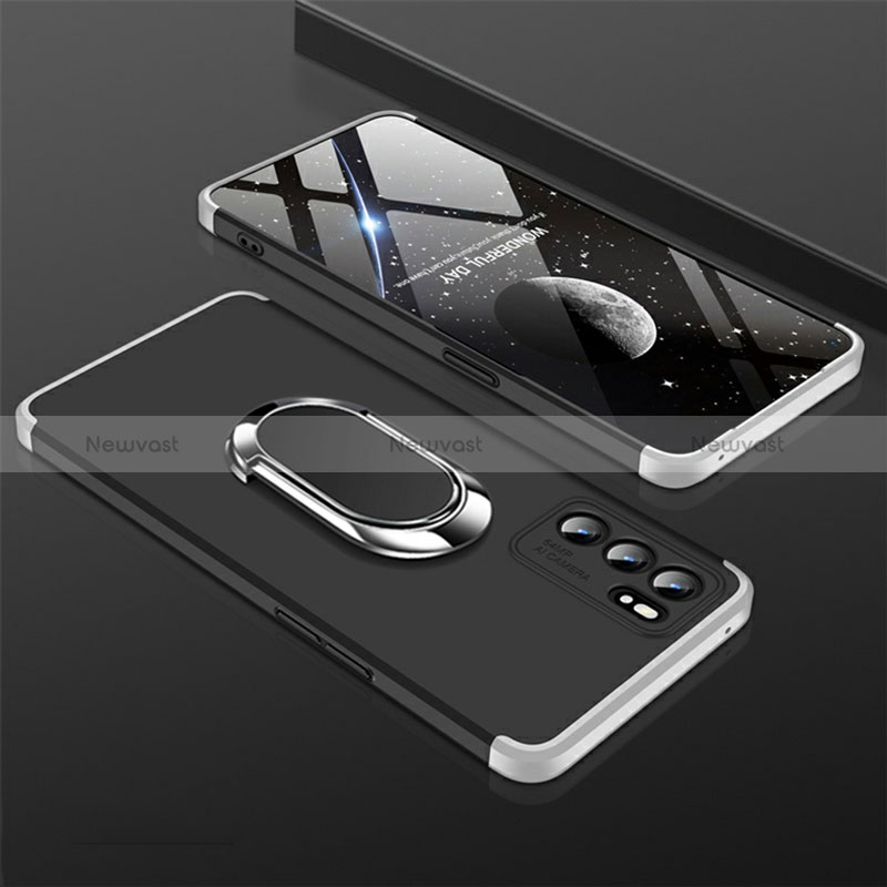 Hard Rigid Plastic Matte Finish Case Cover with Magnetic Finger Ring Stand GK1 for Oppo Reno6 5G Silver