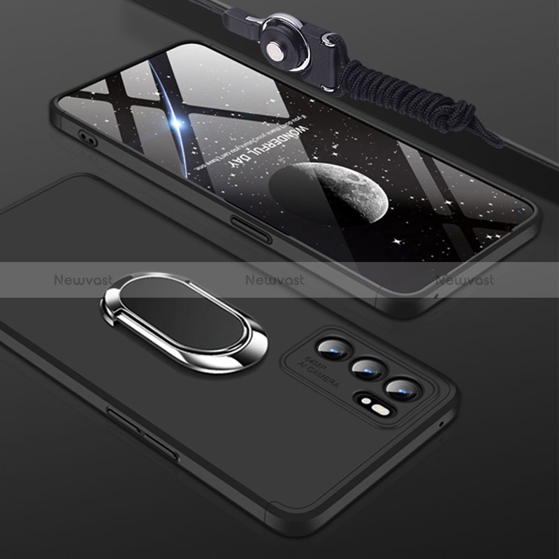 Hard Rigid Plastic Matte Finish Case Cover with Magnetic Finger Ring Stand GK2 for Oppo Reno6 5G Black