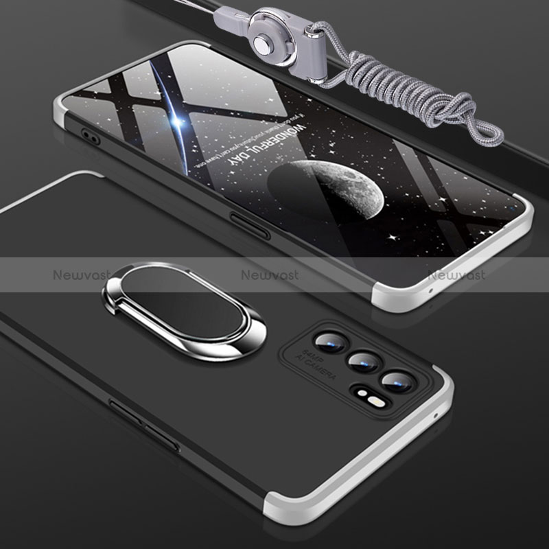 Hard Rigid Plastic Matte Finish Case Cover with Magnetic Finger Ring Stand GK2 for Oppo Reno6 5G Silver