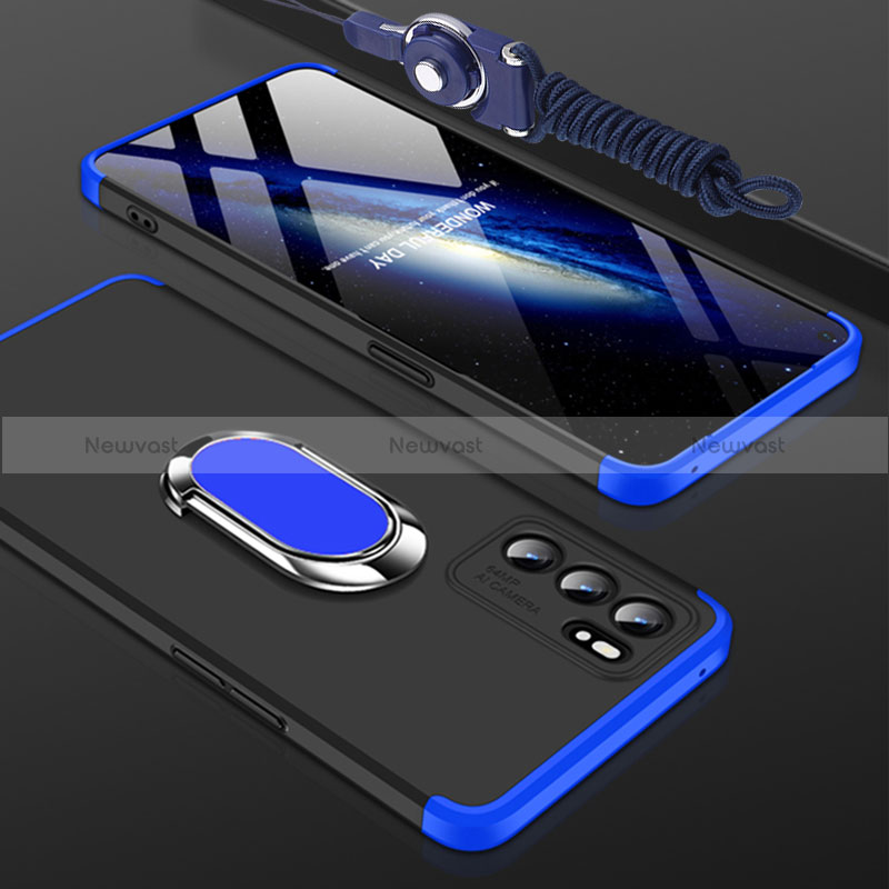 Hard Rigid Plastic Matte Finish Case Cover with Magnetic Finger Ring Stand GK2 for Oppo Reno6 Pro 5G India Blue and Black