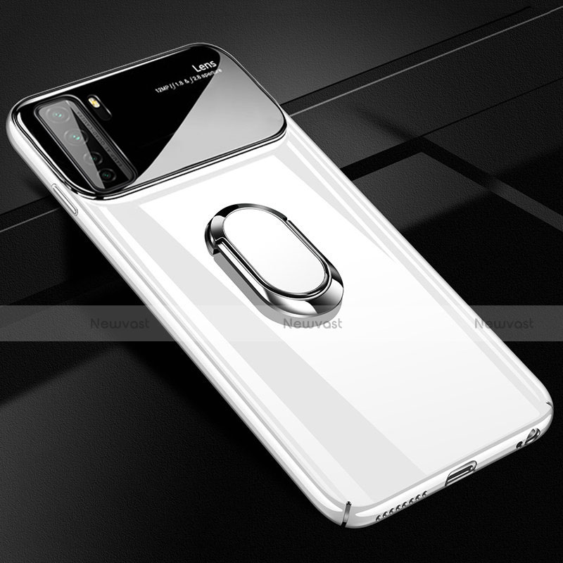 Hard Rigid Plastic Matte Finish Case Cover with Magnetic Finger Ring Stand P01 for Huawei Nova 7 SE 5G White