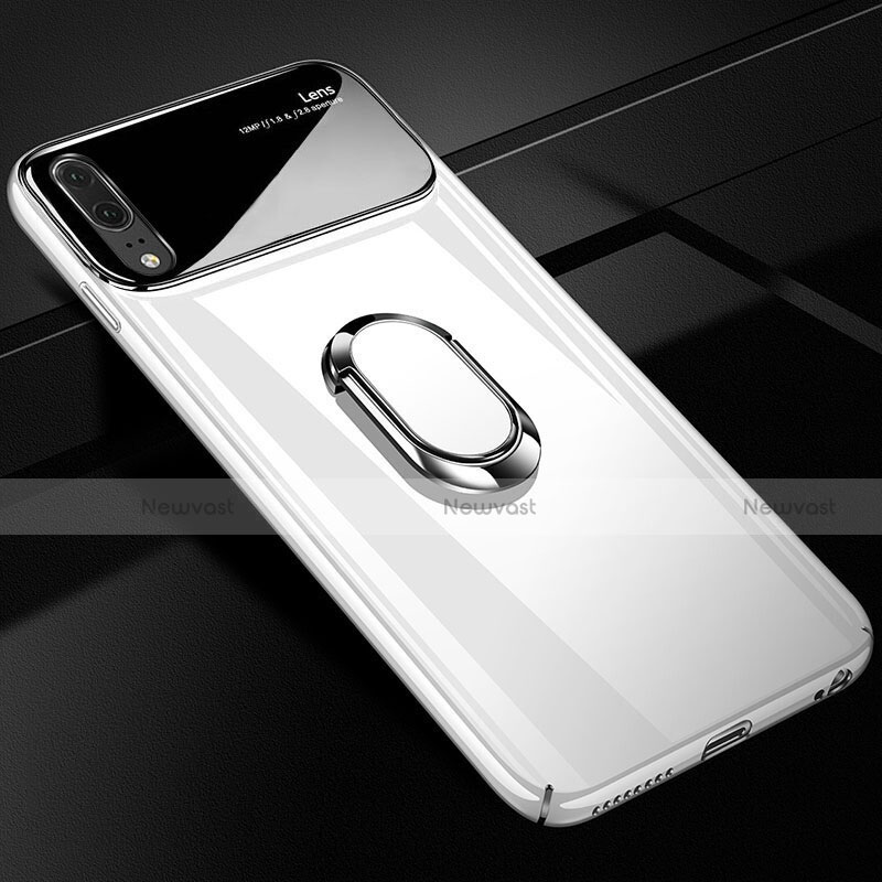Hard Rigid Plastic Matte Finish Case Cover with Magnetic Finger Ring Stand P01 for Huawei P20 White