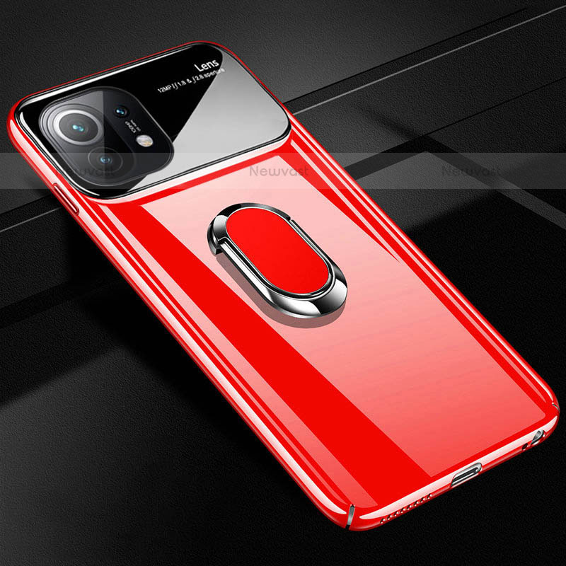 Hard Rigid Plastic Matte Finish Case Cover with Magnetic Finger Ring Stand P01 for Xiaomi Mi 11 Lite 5G Red