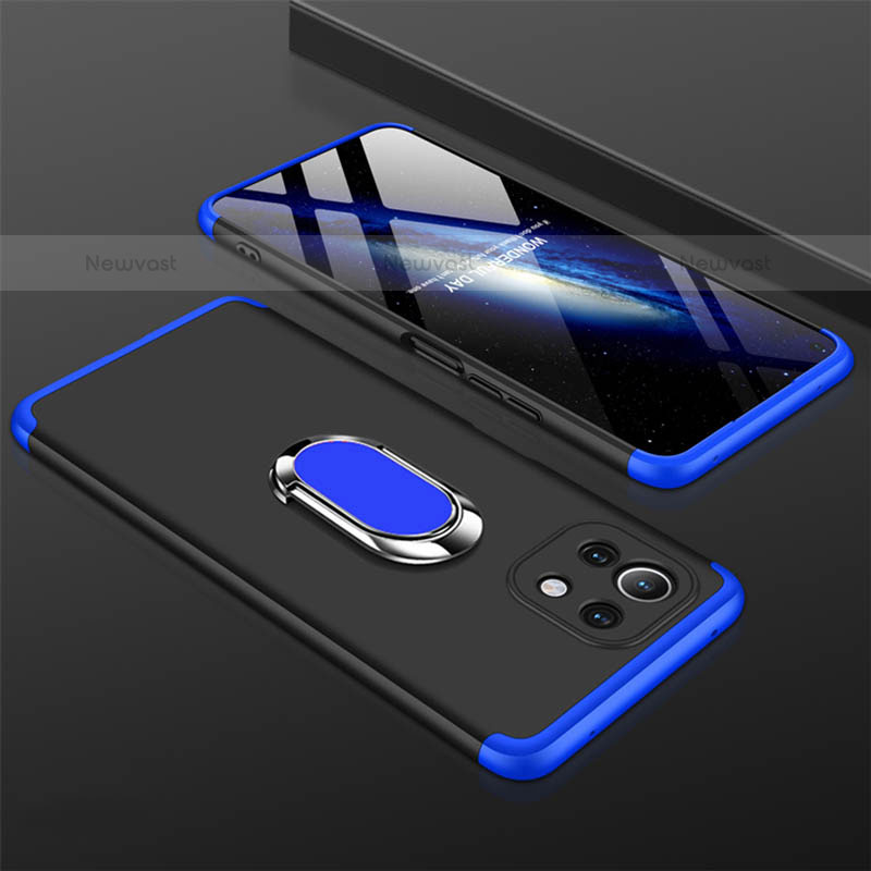 Hard Rigid Plastic Matte Finish Case Cover with Magnetic Finger Ring Stand P02 for Xiaomi Mi 11 Lite 5G Blue and Black