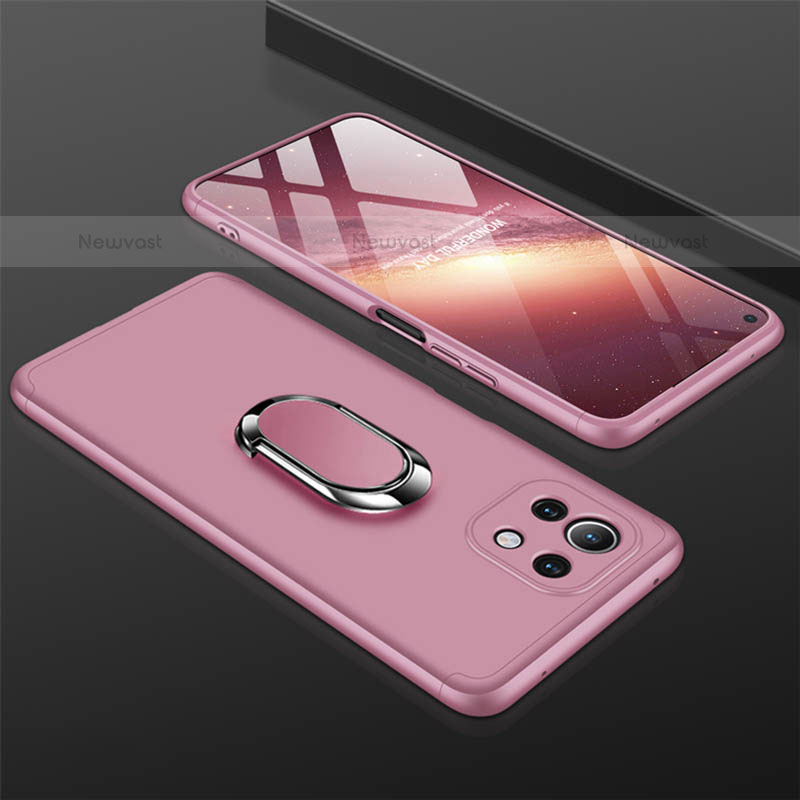 Hard Rigid Plastic Matte Finish Case Cover with Magnetic Finger Ring Stand P02 for Xiaomi Mi 11 Lite 5G NE Rose Gold