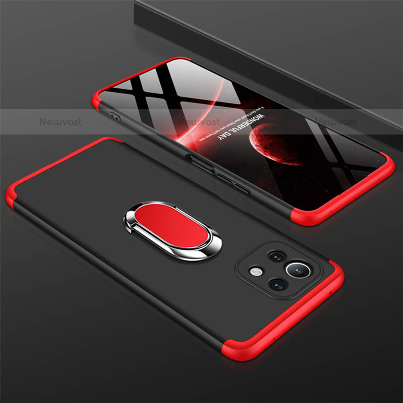 Hard Rigid Plastic Matte Finish Case Cover with Magnetic Finger Ring Stand P02 for Xiaomi Mi 11 Lite 5G Red and Black