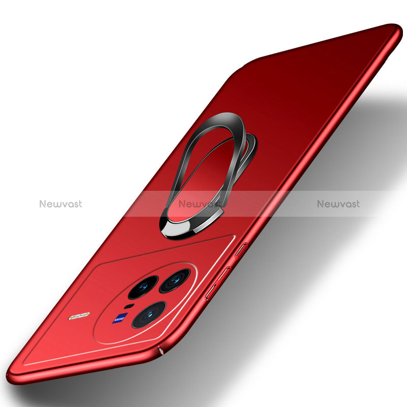 Hard Rigid Plastic Matte Finish Case Cover with Magnetic Finger Ring Stand S01 for Vivo X80 5G Red