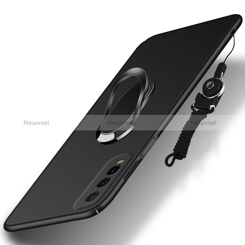 Hard Rigid Plastic Matte Finish Case Cover with Magnetic Finger Ring Stand S01 for Vivo Y70S 5G Black