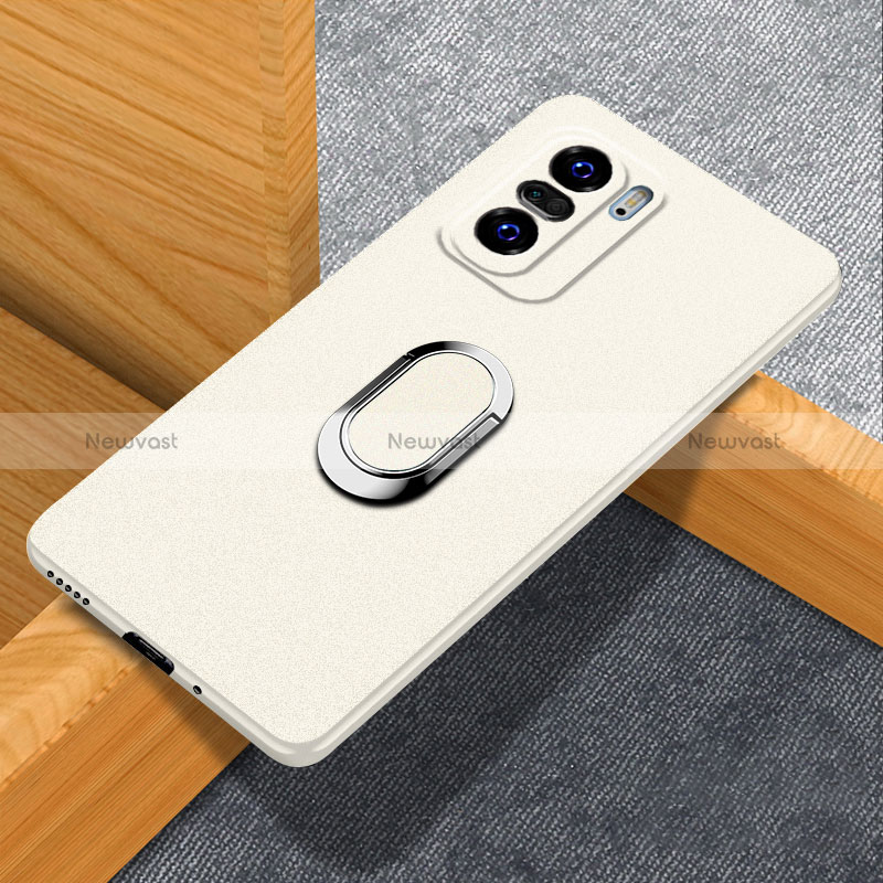 Hard Rigid Plastic Matte Finish Case Cover with Magnetic Finger Ring Stand S01 for Xiaomi Poco F3 5G White