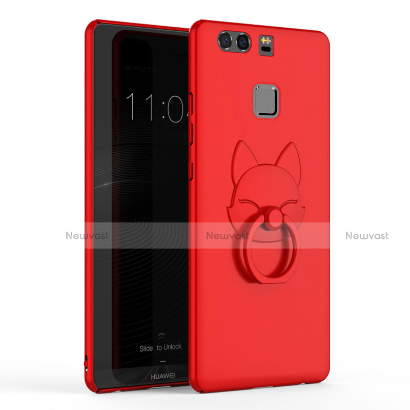 Hard Rigid Plastic Matte Finish Cover with Finger Ring Stand A03 for Huawei P9 Red