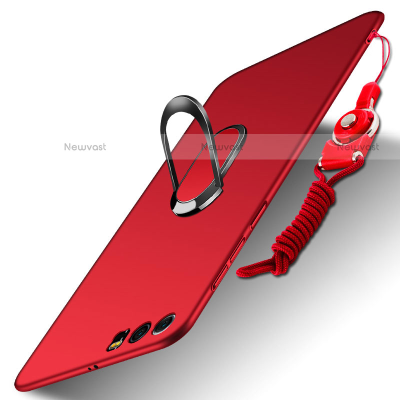 Hard Rigid Plastic Matte Finish Cover with Finger Ring Stand and Lanyard for Huawei Honor 9 Red