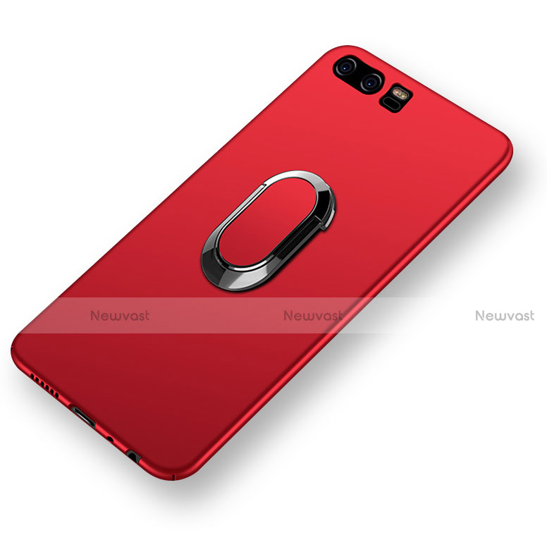 Hard Rigid Plastic Matte Finish Cover with Finger Ring Stand and Lanyard for Huawei P10 Red