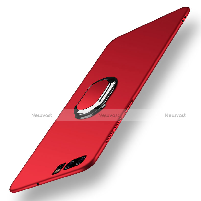 Hard Rigid Plastic Matte Finish Cover with Finger Ring Stand and Lanyard for Huawei P10 Red