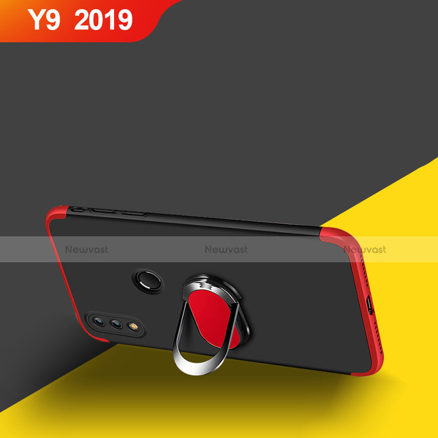 Hard Rigid Plastic Matte Finish Front and Back Case 360 Degrees with Magnetic Finger Ring Stand for Huawei Y9 (2019) Red and Black