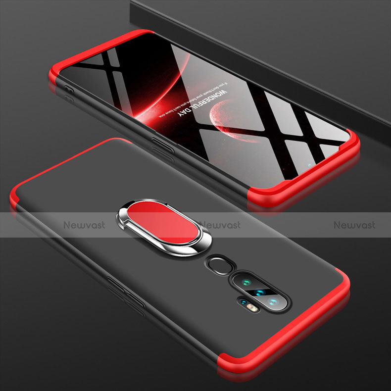 Hard Rigid Plastic Matte Finish Front and Back Cover Case 360 Degrees with Finger Ring Stand for Oppo A11 Red and Black