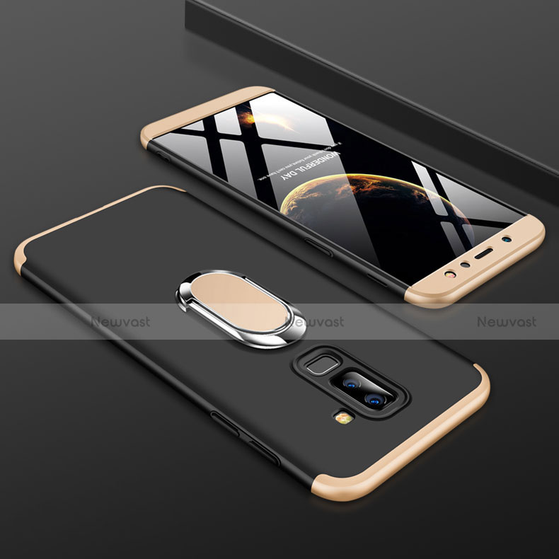 Hard Rigid Plastic Matte Finish Front and Back Cover Case 360 Degrees with Finger Ring Stand for Samsung Galaxy A6 Plus (2018) Gold and Black