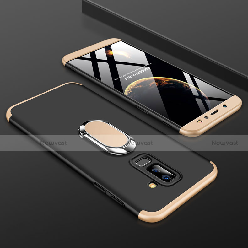 Hard Rigid Plastic Matte Finish Front and Back Cover Case 360 Degrees with Finger Ring Stand for Samsung Galaxy A6 Plus Gold and Black