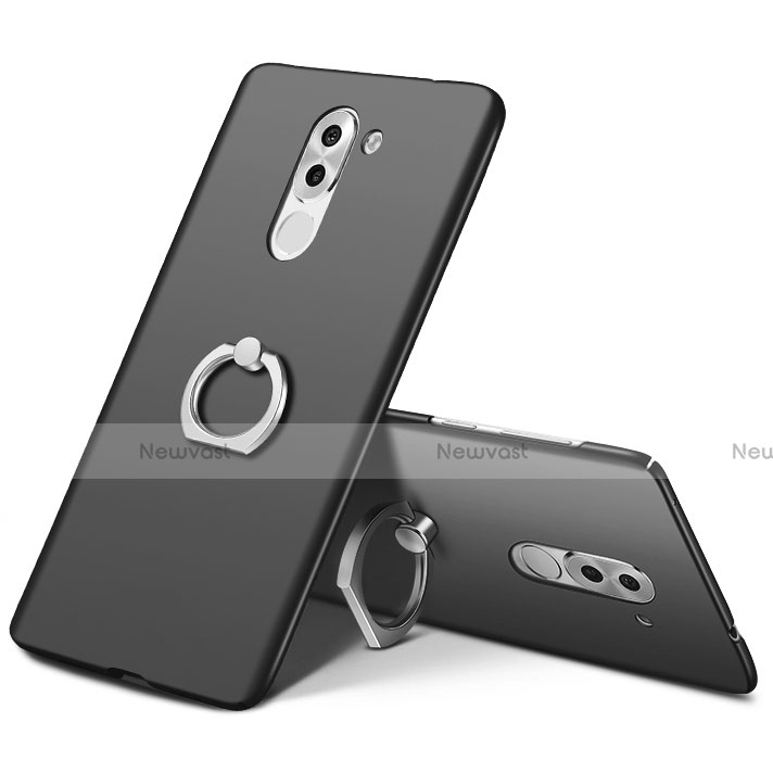 Hard Rigid Plastic Matte Finish Snap On Case with Finger Ring Stand A03 for Huawei Honor 6X Pro Black