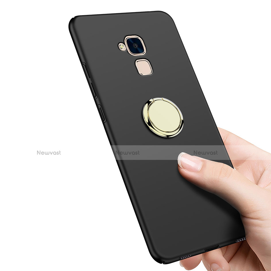 Hard Rigid Plastic Matte Finish Snap On Case with Finger Ring Stand A04 for Huawei Honor 5C Black