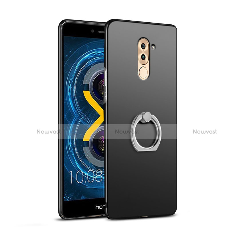 Hard Rigid Plastic Matte Finish Snap On Case with Finger Ring Stand A04 for Huawei Honor 6X Black