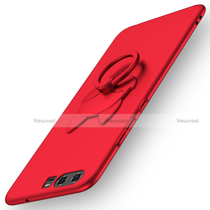 Hard Rigid Plastic Matte Finish Snap On Case with Finger Ring Stand A04 for Huawei P10 Red